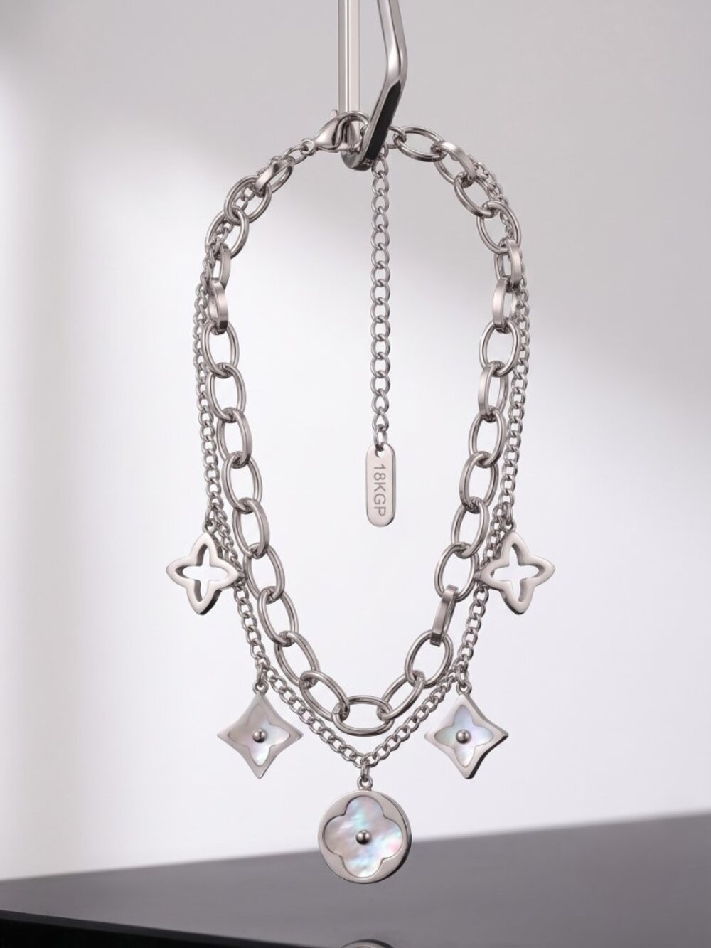 18K White Gold SS MOP Geometric Charm Bracelet Double Chain Quiet Luxury Adj - Picture 10 of 13